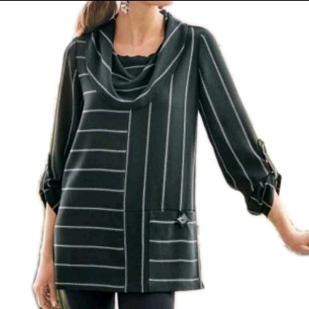 Soft Surroundings Moonlight Striped Tunic Top Womens Size Large Black White